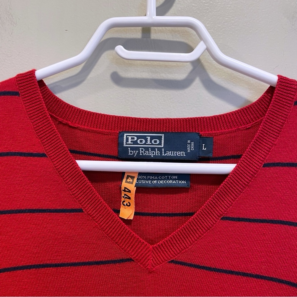 Ralph Lauren Red V-Neck Sweater with Black Stripes - Picture 4 of 6